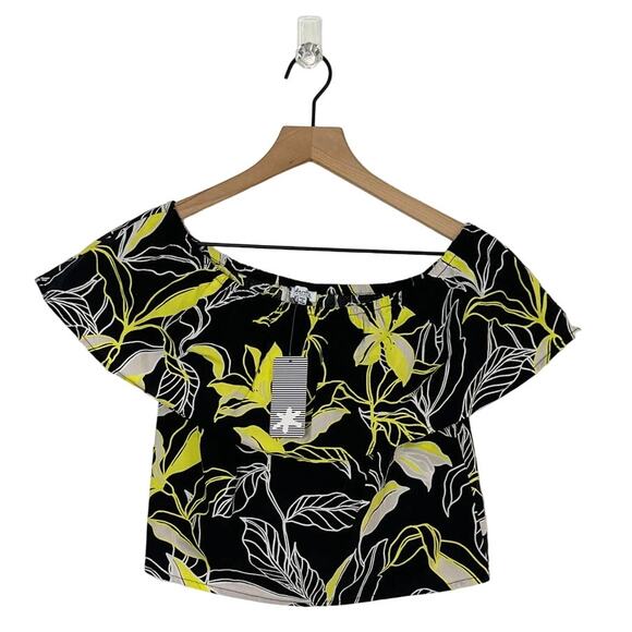 NEW Splendid Black Neon Yellow Tropical Floral Off the Shoulder Top Size XS - Picture 2 of 9